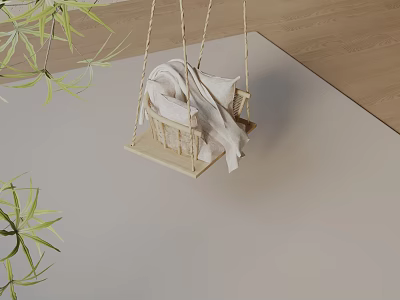 Suspended Wicker Leisure Swing Chair with White Blanket Pillow and Green Plants on Wooden Floor 3d model