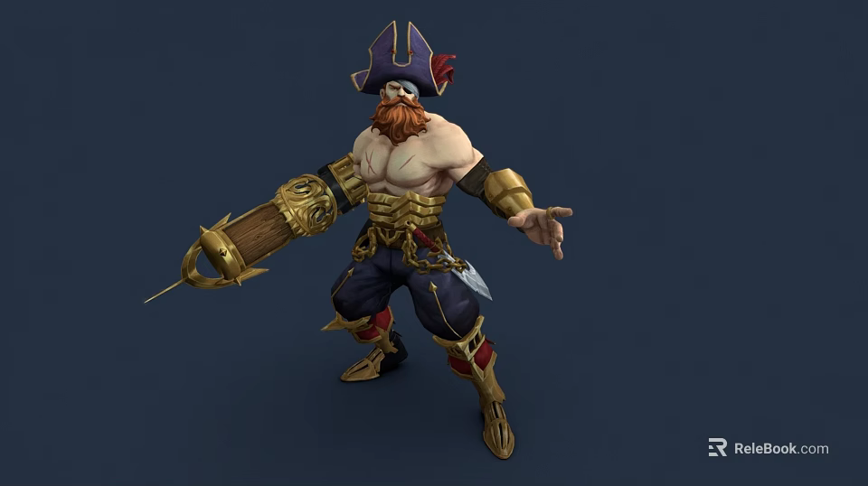 Muscular Pirate Man With Red Beard Golden Armor And Mechanical Arm 3d model 