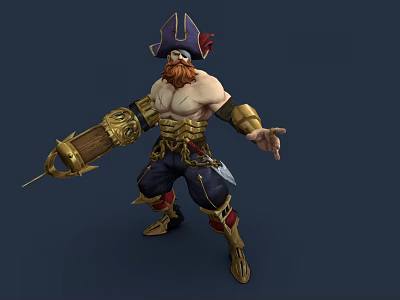 Muscular Pirate Man With Red Beard Golden Armor And Mechanical Arm 3d model