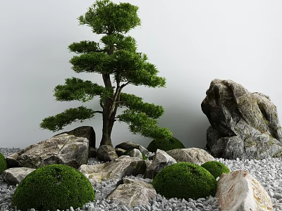 Natural Miniature Garden Bonsai Tree with Rocks Pebbles and Trimmed Shrubs 3d model