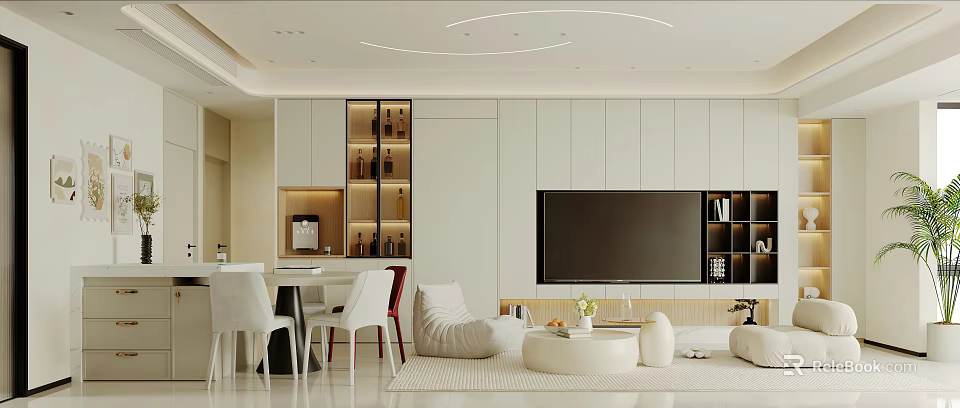 Modern Dining and Living Room Interior With White Cabinets Sofa TV Stand and Dining Chairs 3d model 
