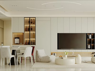 Modern Dining and Living Room Interior With White Cabinets Sofa TV Stand and Dining Chairs 3d model