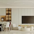 Modern Dining and Living Room Interior With White Cabinets Sofa TV Stand and Dining Chairs