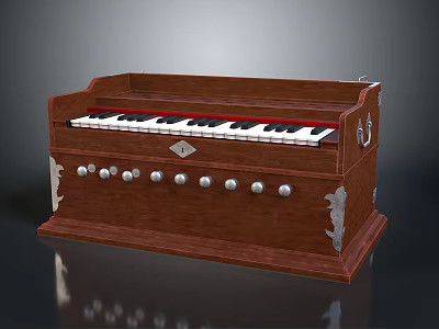 Vintage Wooden Harmonium Musical Instrument With Keyboard And Decorative Metal Buttons 3d model