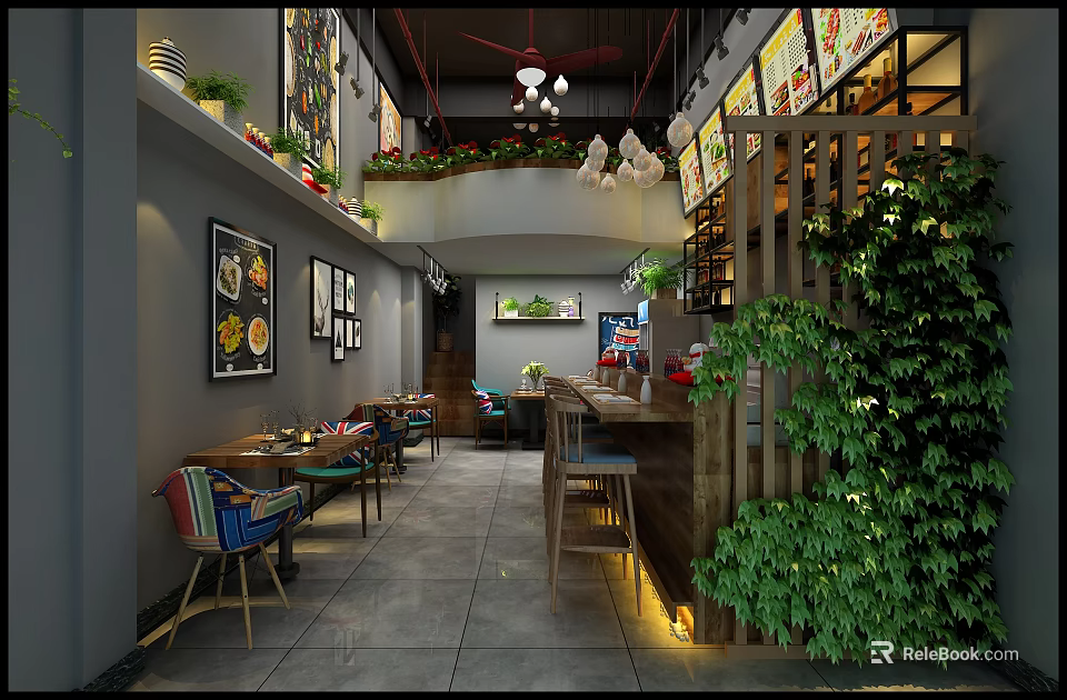 Japanese Restaurant Interior Design With Modern Wooden Tables Green Plants And Open Dining Area 3d model 