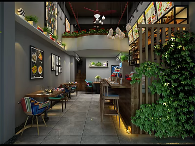 Japanese Restaurant Interior Design With Modern Wooden Tables Green Plants And Open Dining Area 3d model