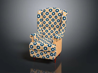 Classic Armchair With Blue And White Floral Patterned Fabric Upholstery And Wooden Legs 3d model
