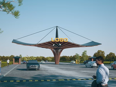 Modern Entrance Gate With Stylish Canopy Logo Vehicles Pedestrians And Landscaping 3d model