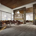 Rustic Restaurant Interior With Wooden Ceiling Spherical Hanging Lights Stone Walls And Dining Tables