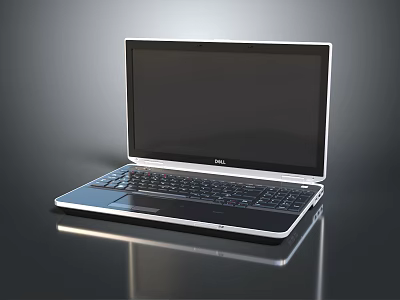 Modern Dell Laptop with Black Screen on Sleek Black Surface and Clear Reflection 3d model