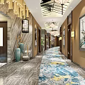 Elevator Hallway Interior With Marble Walls Chandeliers Framed Artworks And Patterned Carpet 3d model