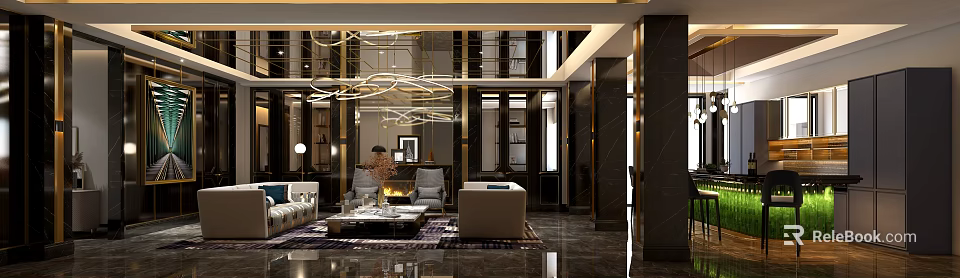 Modern Luxury Lounge Interior With Gold Decorations Chandelier Marble Floor Sofa Coffee Table And Fireplace 3d model 