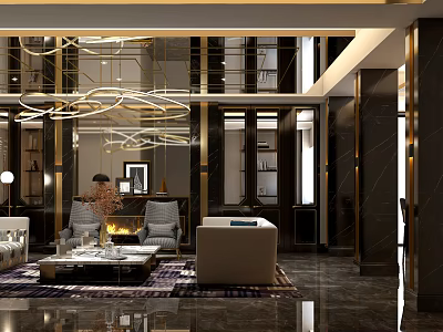 Modern Luxury Lounge Interior With Gold Decorations Chandelier Marble Floor Sofa Coffee Table And Fireplace 3d model
