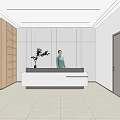 Modern Front Desk Reception Area with Receptionist Green Plant Wooden Shelves in Minimalist Design