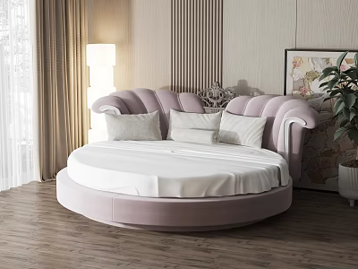 Modern Luxury Pink Round Bed in Bedroom with Cushions Curtains Lamp Artwork and Wooden Floor 3d model