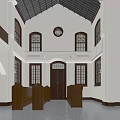 Sacred Church Interior With Wooden Pews Arched Windows And Cross Decoration