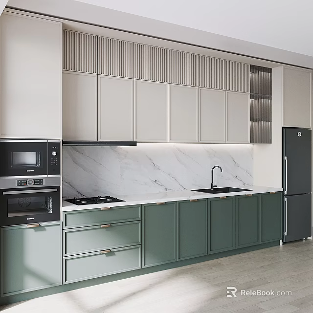 Modern Kitchen Featuring Light Green Lower And White Upper Cabinets Marble Countertop 3d model