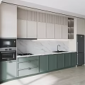 Modern Kitchen Featuring Light Green Lower And White Upper Cabinets Marble Countertop 3d model