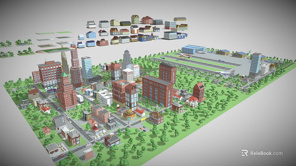 Diverse Buildings City Model with Green Areas and Urban Layout 3d model 