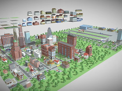 Diverse Buildings City Model with Green Areas and Urban Layout 3d model