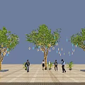 Tree Plant Combination Featuring Lit Trees People And Sunset Sky In Plaza