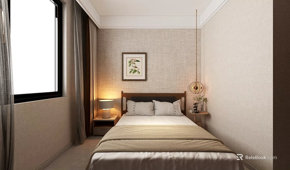 Cozy Kids Room Interior With Single Bed Pillows Lamp Plant And Green Leaf Painting 3d model 
