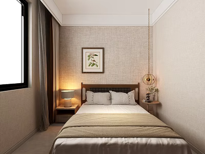 Cozy Kids Room Interior With Single Bed Pillows Lamp Plant And Green Leaf Painting 3d model