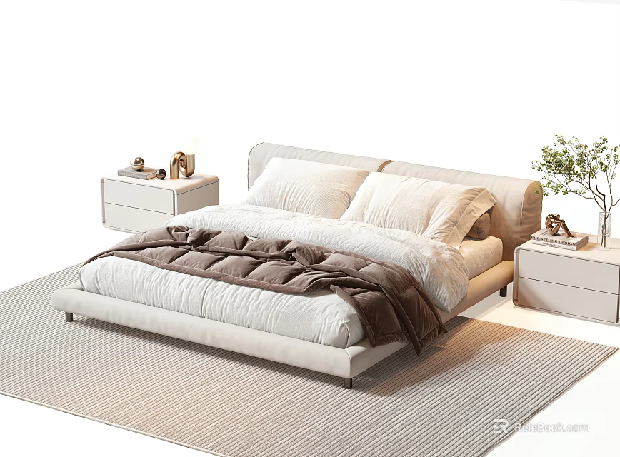 Light Modern Double Bed With Pillows Brown Blanket Nightstands Table Lamp And Green Plant 3d model 