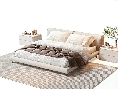 Light Modern Double Bed With Pillows Brown Blanket Nightstands Table Lamp And Green Plant 3d model