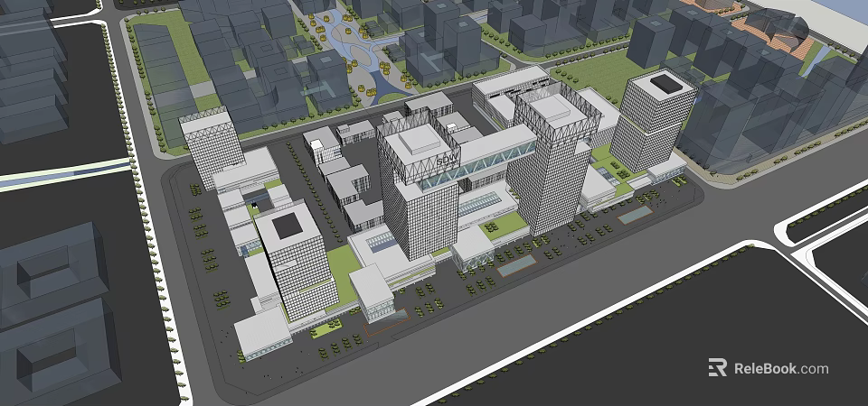 Modern Office Building Complex Featuring Contemporary Design Green Spaces And Parking Areas 3d model 