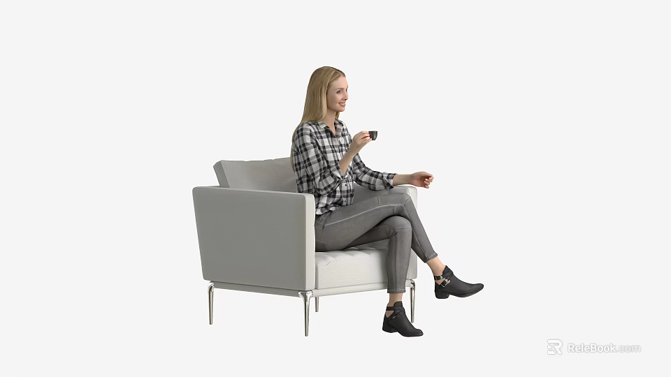 Woman Sitting On Grey Sofa Holding Remote Control In Plaid Shirt 3d model 