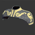 Ornate Metallic Decorative Object With Golden Scroll Patterns And Checkerboard Texture
