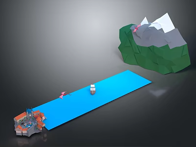 Colorful Cartoon Scene With Green Mountain Blue River Boat And Small House 3d model