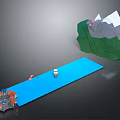 Colorful Cartoon Scene With Green Mountain Blue River Boat And Small House