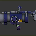 Blue 3D Sci Fi Weapon Cannon With Metallic Barrel Green Glowing Part And Yellow Label 3d model