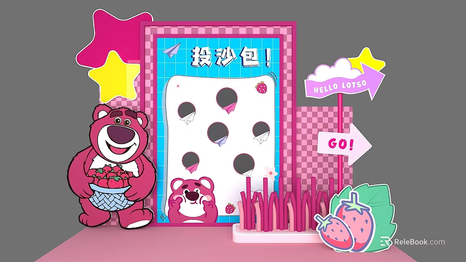 Fun Pink Bear Themed Photo Spot With Sandbag Toss Game Stars And Strawberry Decor 3d model 