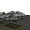 Modern Beige Sectional Sofa And Coffee Table Set With Green Ottoman And Minimalist Design