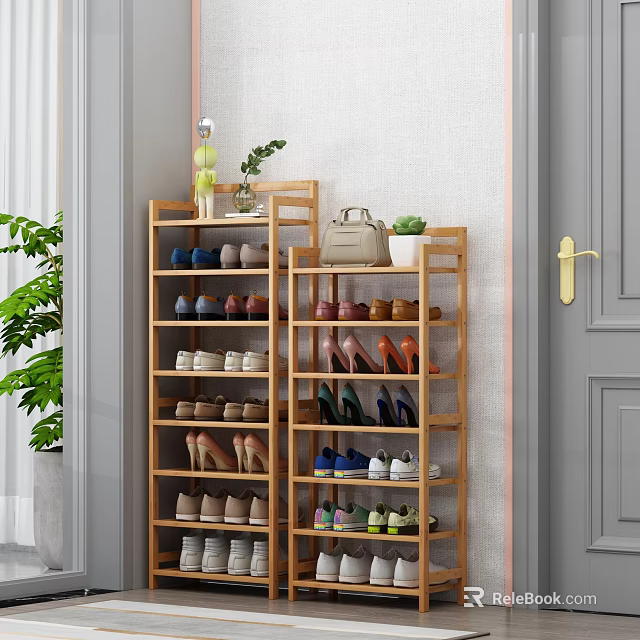 Wooden Multi Tiered Shoe Rack With Various Shoes Handbag And Potted Plant Indoor 3d model 