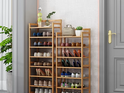Wooden Multi Tiered Shoe Rack With Various Shoes Handbag And Potted Plant Indoor 3d model