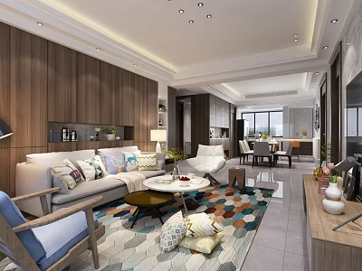 Modern Living Room Interior With Wooden Walls Sofa Throw Pillows Coffee Table And Colorful Rug 3d model