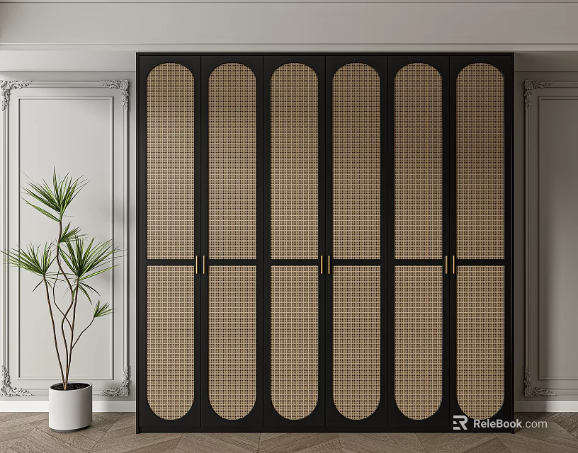 Black Arched Door Wardrobe With Rattan Panels And Potted Plant Near Light Decorative Wall 3d model 