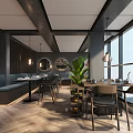 Modern Bistro Restaurant Interior With Hanging Lights Herringbone Floor Green Plant And Large Windows