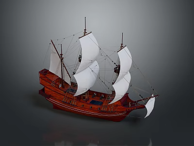 Classic Wooden Sailboat With White Sails And Red Hull As Traditional Water Transport 3d model