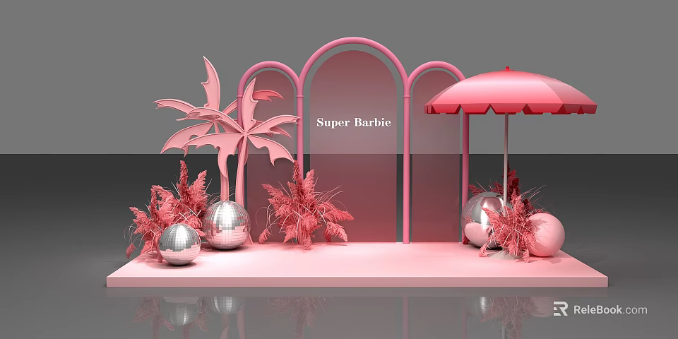 Super Barbie Themed Display With Pink Arches Umbrella Palm Trees And Decorative Spheres 3d model 