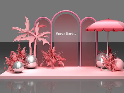 Super Barbie Themed Display With Pink Arches Umbrella Palm Trees And Decorative Spheres 3d model