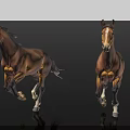 Two Realistic Brown Horses In Dynamic Running Poses Against Black Background