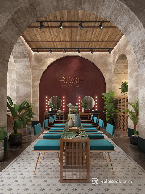 Hair And Beauty Salon Interior With Arched Walls Mirrors Plants And Blue Chairs 3d model 