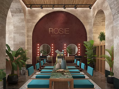 Hair And Beauty Salon Interior With Arched Walls Mirrors Plants And Blue Chairs 3d model