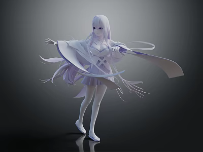 Elegant Game Movie Character With White Hair White Outfit And Flowing Ribbons 3D Render 3d model