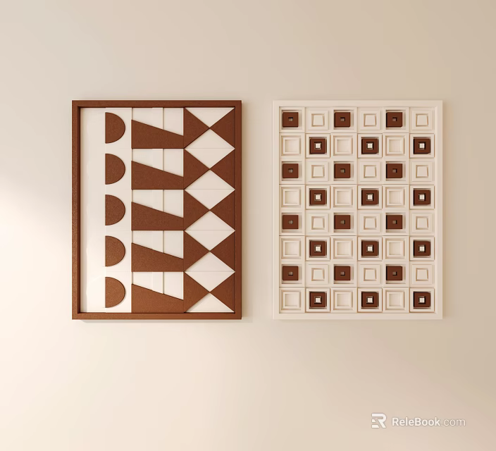 Brown White Geometric Wall Art Pieces With Abstract And Grid Patterns 3d model